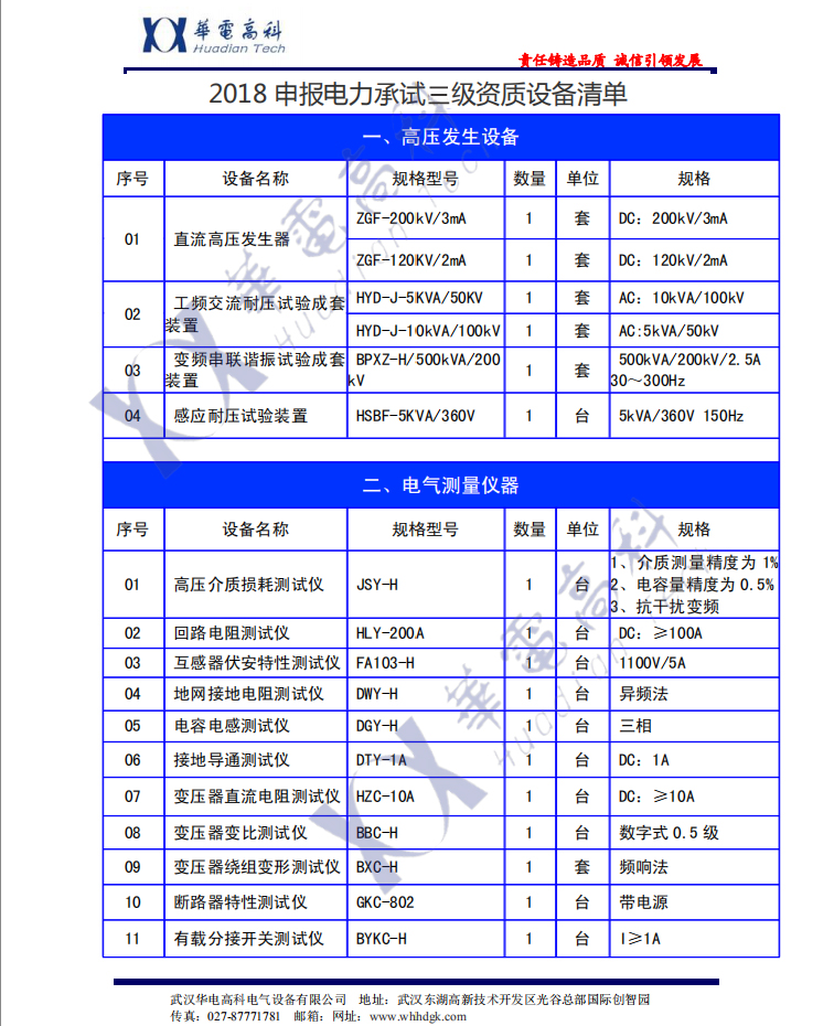 2018申报电力承试三级资质设备清单